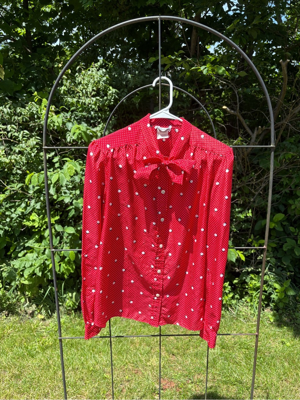Vintage Evan Picone Tie Neck Long Sleeve Red Polka Dot Button Front Blouse Shirt